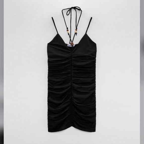 Zara Black Beaded Ruched Dress Size Medium - Picture 5 of 6
